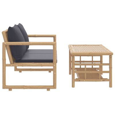 vidaXL 2pcs conj. lounge de jardim bambu c/ almofadões cinzento-escuro