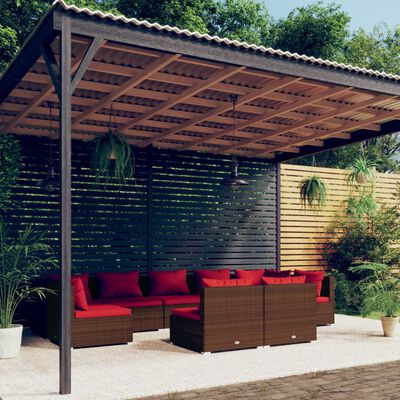 vidaXL 9 pcs conjunto lounge de jardim c/ almofadões vime PE castanho