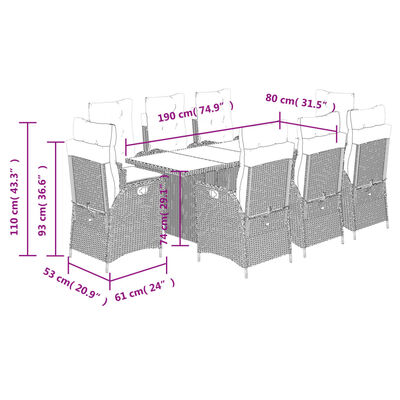 vidaXL 9 pcs conjunto de jantar p/ jardim c/ almofadões cinzento claro