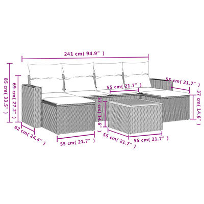 vidaXL 7 pcs conjunto de sofás p/ jardim c/ almofadões vime PE preto