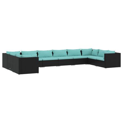 vidaXL 10 pcs conjunto lounge de jardim c/ almofadões vime PE preto