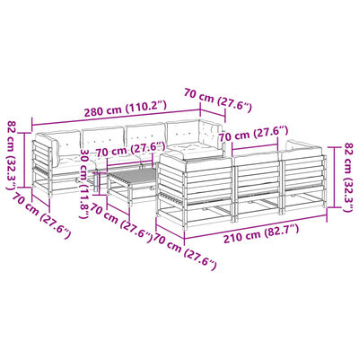 vidaXL 8 pcs conjunto sofás de jardim com almofadões pinho maciço