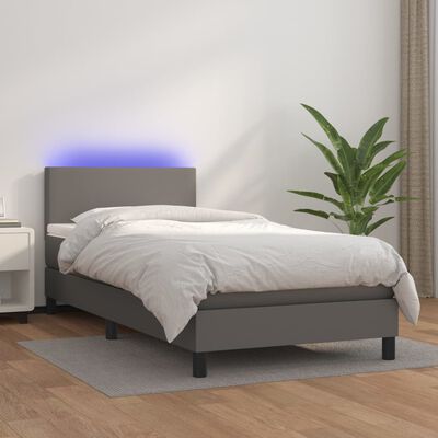 vidaXL Cama box spring c/ colchão/LED 90x190 cm couro artificial cinza