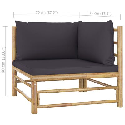 vidaXL 5 pcs conj. lounge jardim em bambu c/ almofadões cinza-escuro