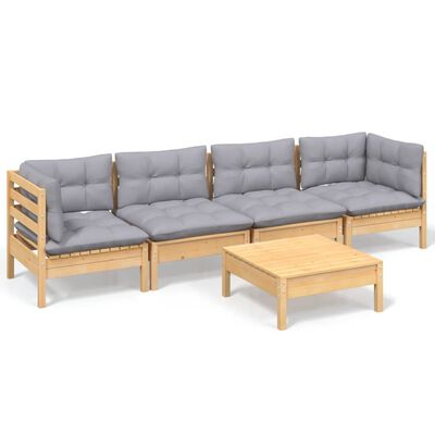 vidaXL 5 pcs conjunto lounge de jardim + almofadões cinza pinho maciço