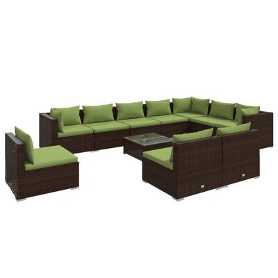 vidaXL 11 pcs conjunto lounge de jardim c/ almofadões vime PE castanho