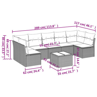 vidaXL 8 pcs conjunto sofás de jardim c/ almofadões vime PE cinzento