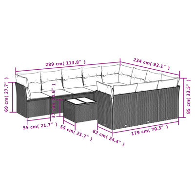 vidaXL 11 pcs conjunto sofás de jardim c/ almofadões vime PE preto