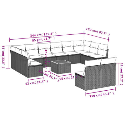 vidaXL 13 pcs conjunto de sofás p/ jardim com almofadões vime PE bege