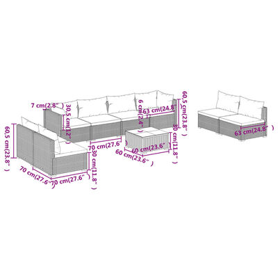 vidaXL 9 pcs conjunto lounge de jardim c/ almofadões vime PE cinzento