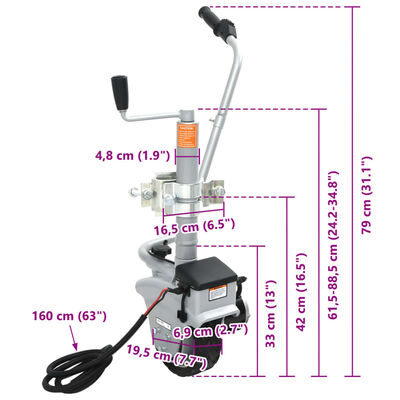 vidaXL Roda jockey motorizada para atrelado alumínio 12 V 350 W