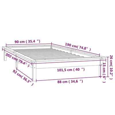 vidaXL Estrutura de cama de solteiro c/ LED 90x190 cm madeira maciça