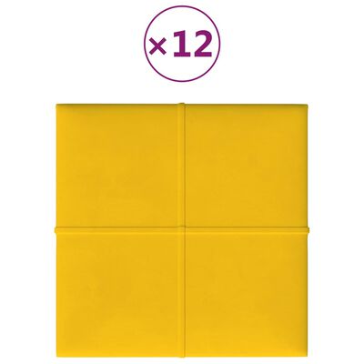 vidaXL Painel de parede 12 pcs 30x30 cm veludo 1,08 m² amarelo