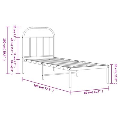 vidaXL Estrutura de cama metal s/ colchão c/ cabeceira 75x190 cm preto