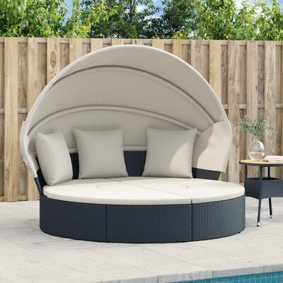 vidaXL Cama lounge de exterior c/ toldo e almofadões vime PE preto