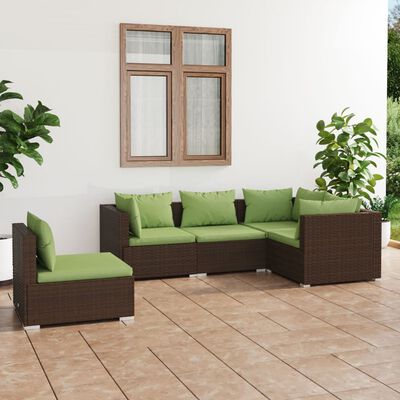 vidaXL 5 pcs conjunto lounge jardim c/ almofadões vime PE castanho