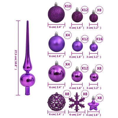 vidaXL 111 pcs conjunto de enfeites de Natal poliestireno roxo