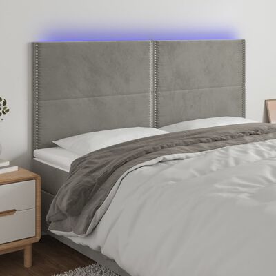 vidaXL Cabeceira cama c/ luzes LED veludo 200x5x118/128cm cinza-claro