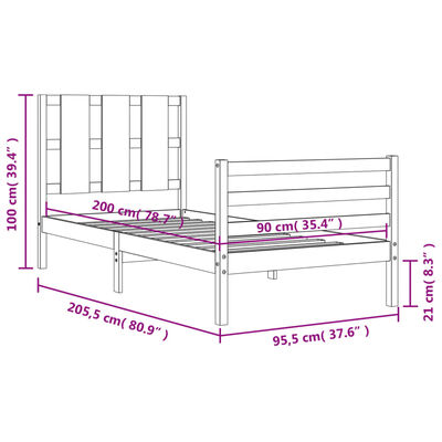 vidaXL Estrutura de cama com cabeceira 90x200 cm madeira maciça