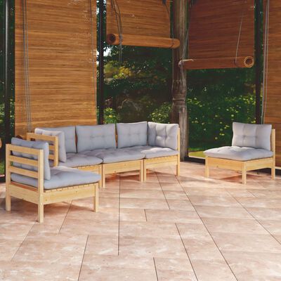 vidaXL 5 pcs conjunto lounge de jardim + almofadões cinza pinho maciço