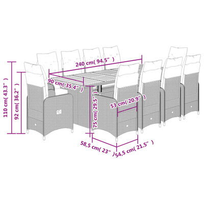 vidaXL 11 pcs conjunto bistrô de jardim c/ almofadões vime PE cinzento