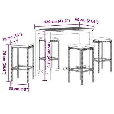 vidaXL 5 pcs conjunto de bar para jardim vime PE/acácia maciça preto