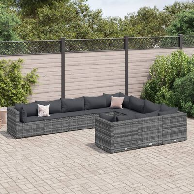 vidaXL 10 pcs conjunto sofás de jardim c/ almofadões vime PE cinzento