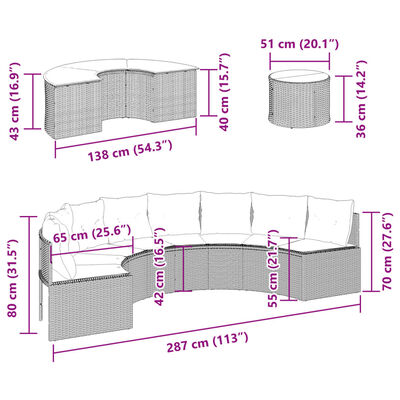 vidaXL 3 pcs conjunto de sofás de jardim semicircular vime PE preto