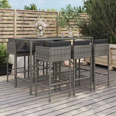 vidaXL 7 pcs conjunto de bar p/ jardim c/ almofadões vime PE cinzento