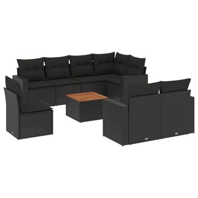 vidaXL 9 pcs conjunto de sofás p/ jardim c/ almofadões vime PE preto