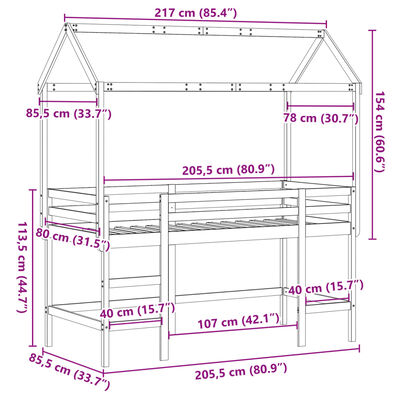 vidaXL Cama alta c/ escada e telhado 80x200 cm pinho maciço