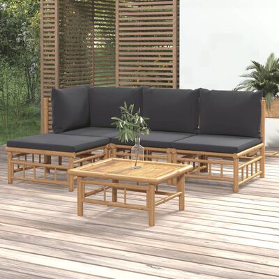 vidaXL 5 pcs conjunto lounge jardim bambu c/ almofadões cinza-escuro