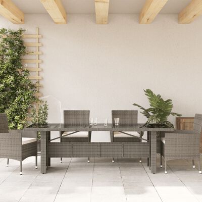 vidaXL Mesa de jardim com tampo de vidro 240x90x75 cm vime PE cinzento