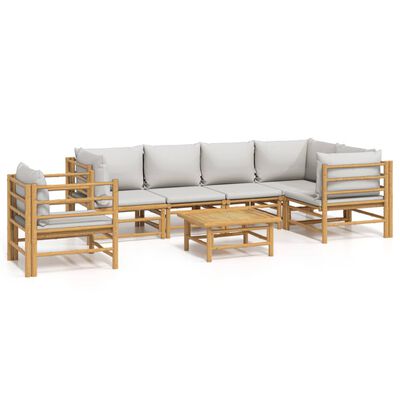 vidaXL 7 pcs conj. lounge de jardim bambu c/ almofadões cinzento-claro