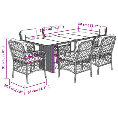 vidaXL 7 pcs conjunto jantar p/ jardim c/ almofadões vime PE castanho