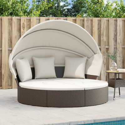 vidaXL Cama lounge de exterior c/ toldo e almofadões vime PE castanho