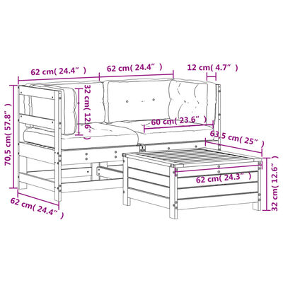 vidaXL 3 pcs conj. lounge jardim c/ almofadões madeira douglas maciça