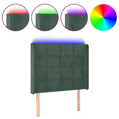 vidaXL Cabeceira de cama c/ LED veludo 103x16x118/128 cm verde-escuro