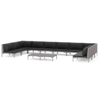 vidaXL 11pcs conj. lounge jardim c/ almofadões vime PE cinzento-escuro