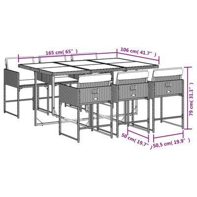 vidaXL 7 pcs conj. jantar jardim c/ almofadões vime PE bege misturado