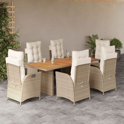 vidaXL 7 pcs conjunto de jantar p/ jardim com almofadões vime PE bege