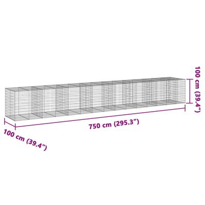 vidaXL Cesto gabião com cobertura 750x100x100 cm ferro galvanizado