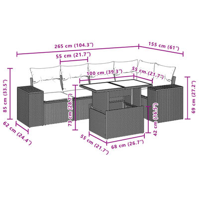 vidaXL 6 pcs conjunto de sofás p/ jardim com almofadões vime PE bege