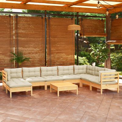 vidaXL 9 pcs conjunto lounge jardim c/ almofadões creme pinho maciço