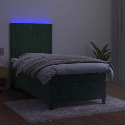 vidaXL Cama box spring c/ colchão/LED 90x190 cm veludo verde-escuro