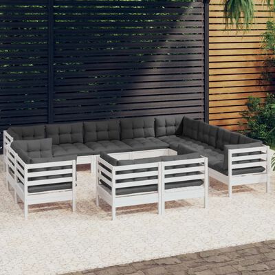 vidaXL 12 pcs conj. lounge de jardim c/ almofadões pinho maciço branco