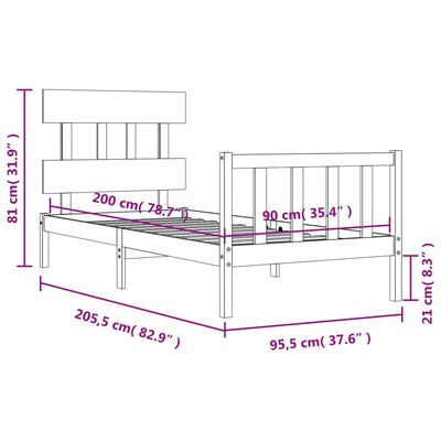 vidaXL Estrutura de cama com cabeceira 90x200 cm madeira maciça