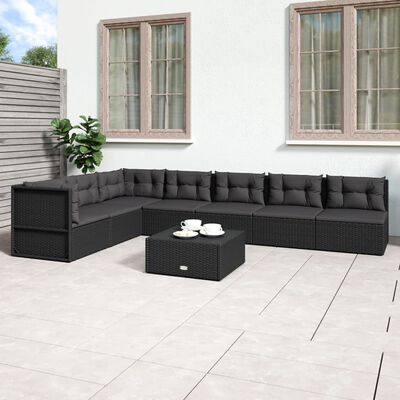 vidaXL 7 pcs conjunto lounge de jardim c/ almofadões vime PE preto