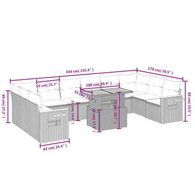 vidaXL 11 pcs conjunto sofás de jardim c/ almofadões vime PE preto