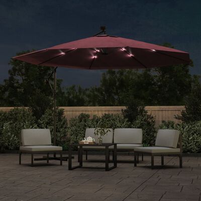 vidaXL Guarda-sol de jardim cantilever com luzes LED 350 cm bordô